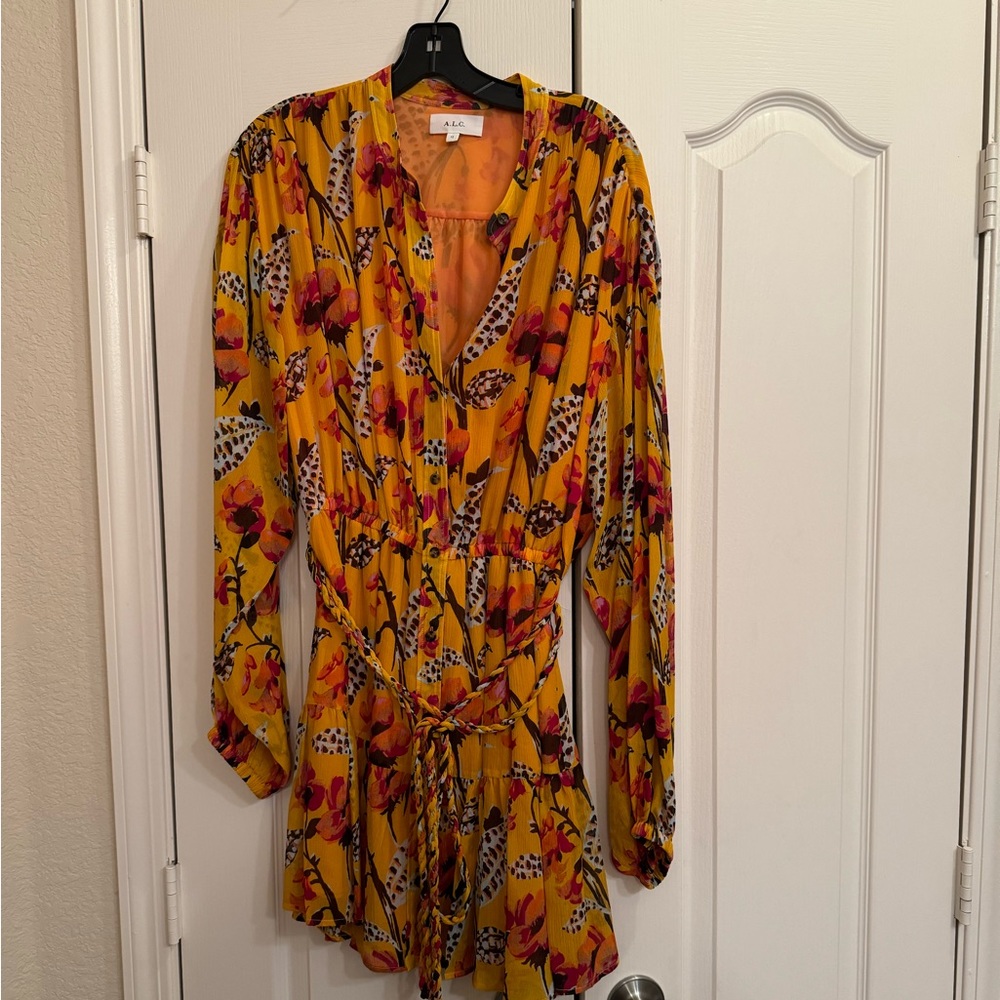 A.L.C. Jen Silk Floral Yellow Dress Size 12 - Picture 5 of 15
